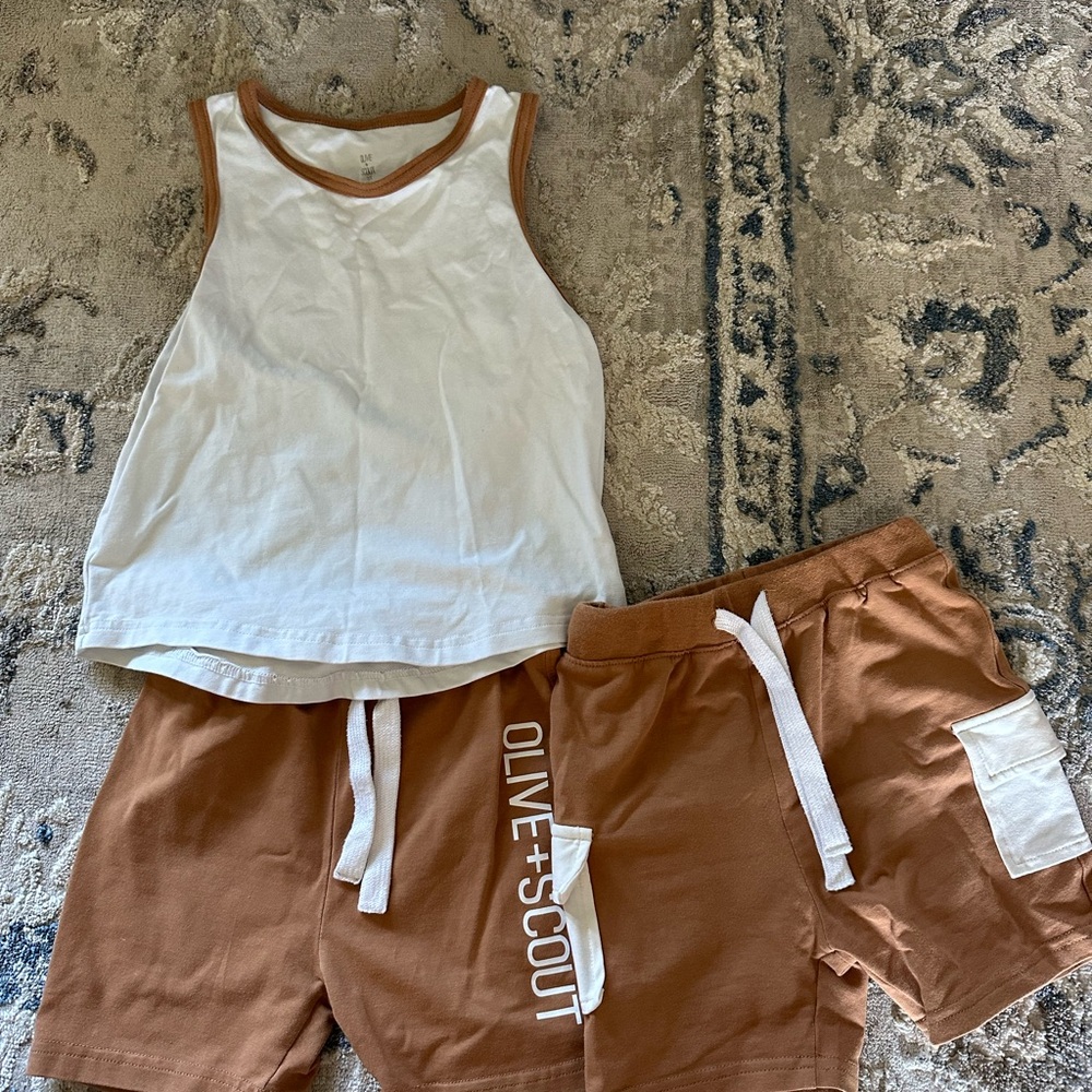 Olive + Scout Kids White Tank & Brown Trim Matching Shorts Set
